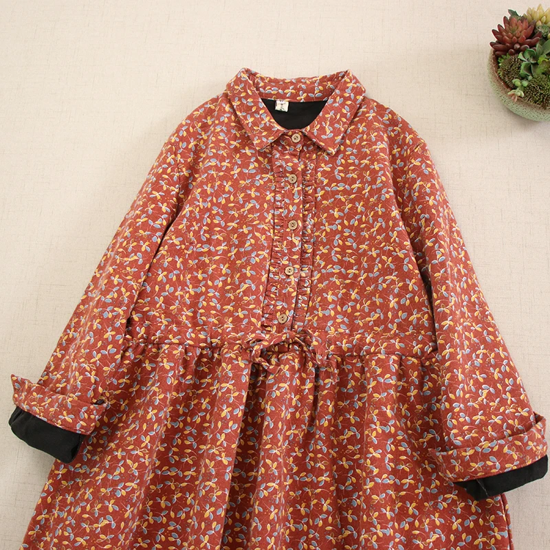 Japanese Sweet Mori Girl Vintage Floral Print Thicken Fleece Dress Women Autumn Winter Turn Down Collar Long Sleeve Casual Dress