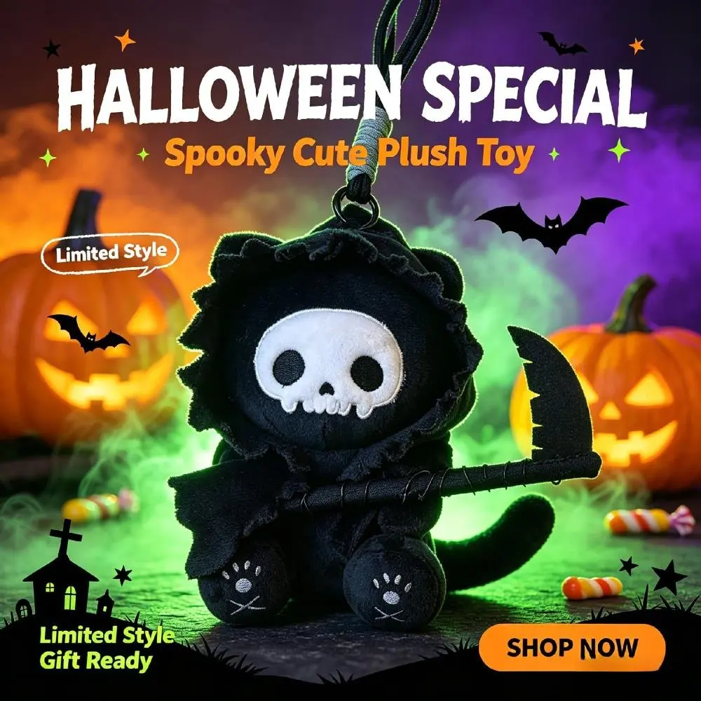 Halloween Dark Grim Reaper Cat Plush Keychain Black Skeleton Cat Stuffed Doll with Scythe Hood Bag Pendant Toy for Holiday Gifts