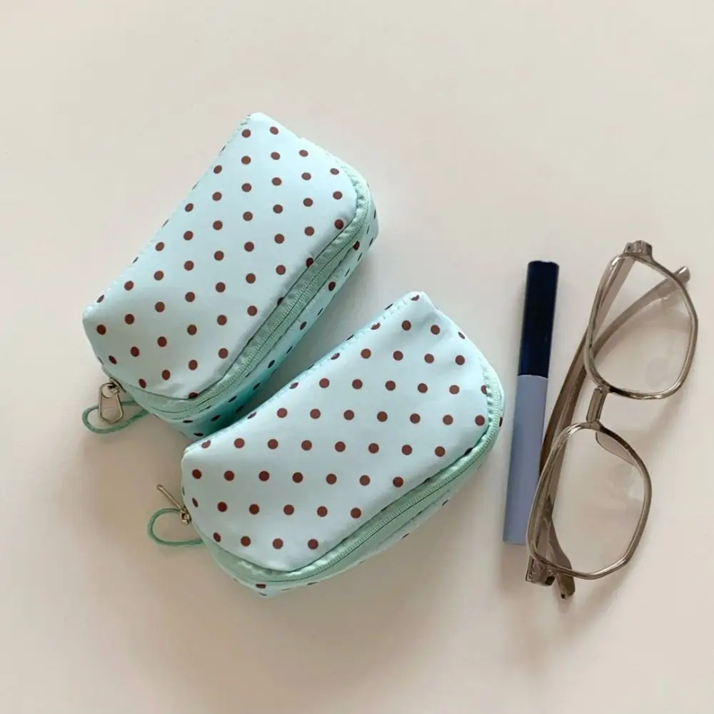 Durable Mint Green Small Makeup Bag Polka Dot Print Portable Lipstick Earphone Storage Bag Coin Purse Daily Use