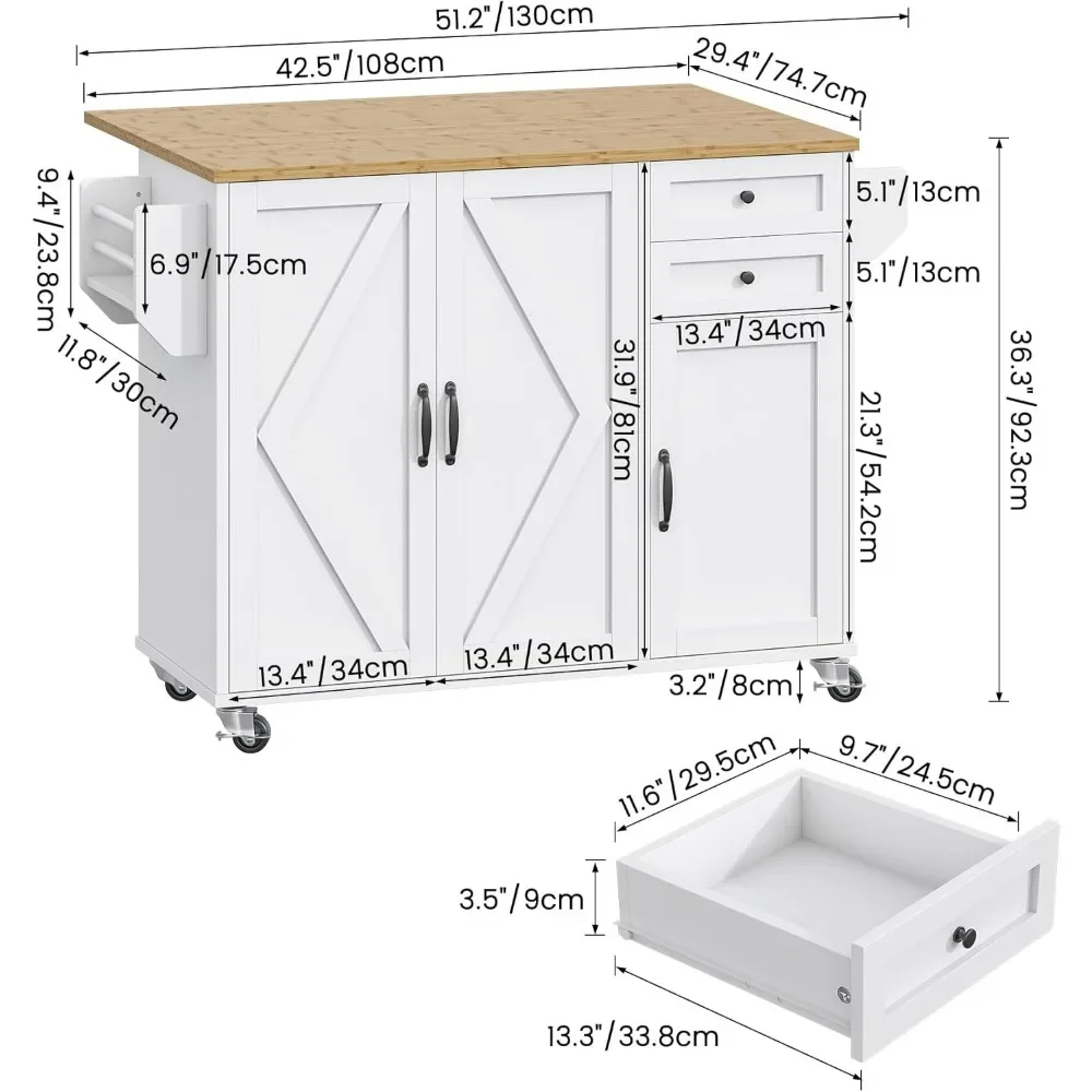 Kitchen Island On Wheels, Kitchen Island Cart with Drop Leaf Countertop with Storage Cabinet and 2 Drawer,Towel Rack Spice Rack