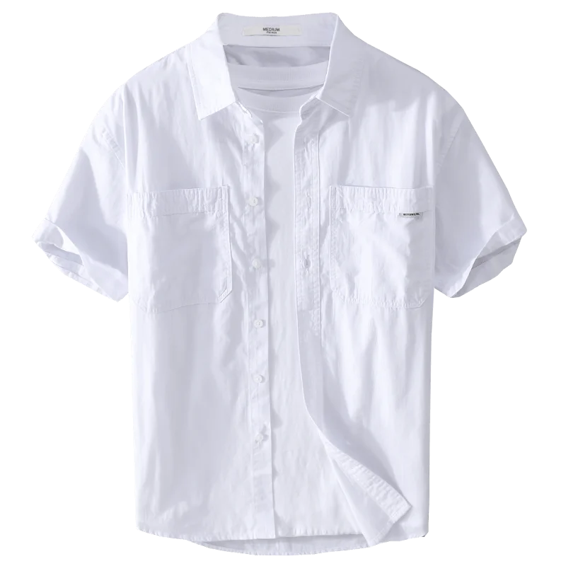 남성용 새로운 더블 포켓 반팔 퓨어 코튼 브랜드 셔츠 패션 캐주얼 편안한 탑 의류 5Color Camisa Masculina