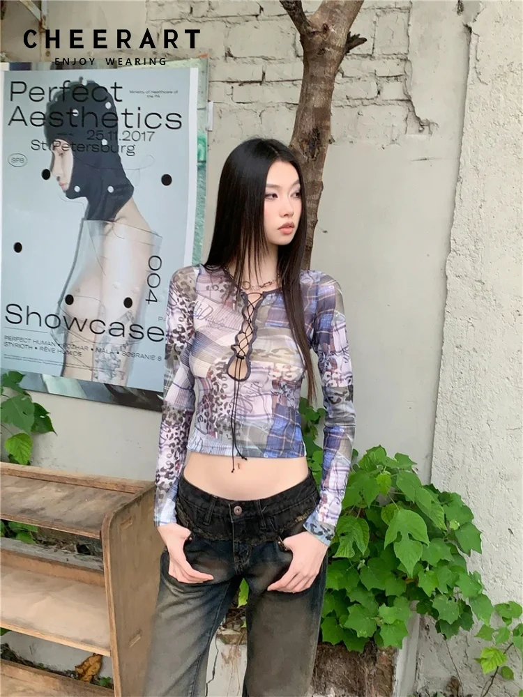

CHEERART Bandage Long Sleeve T Shirt Woman Mesh Crop Top Designer Tees Blue Plaid See Through Graphic T Shirts Fashion Clothes