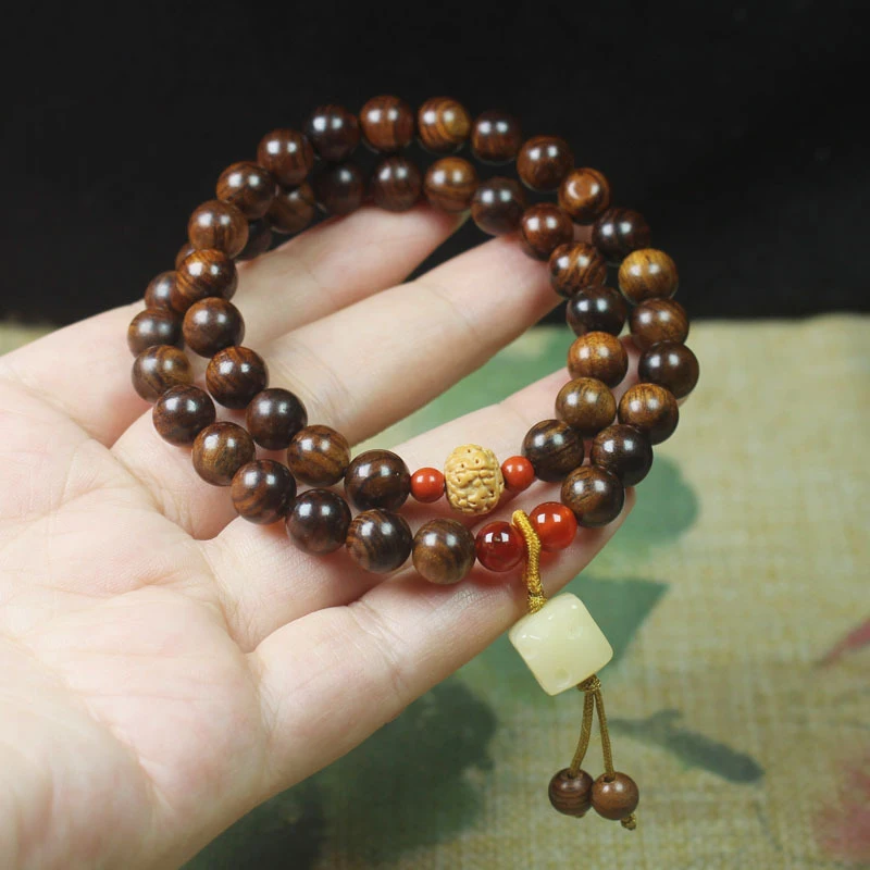 

Black rosewood 8mm double-loop bracelet with cheese pendant, forest-style Buddhist prayer beads for men and women, decorative ac