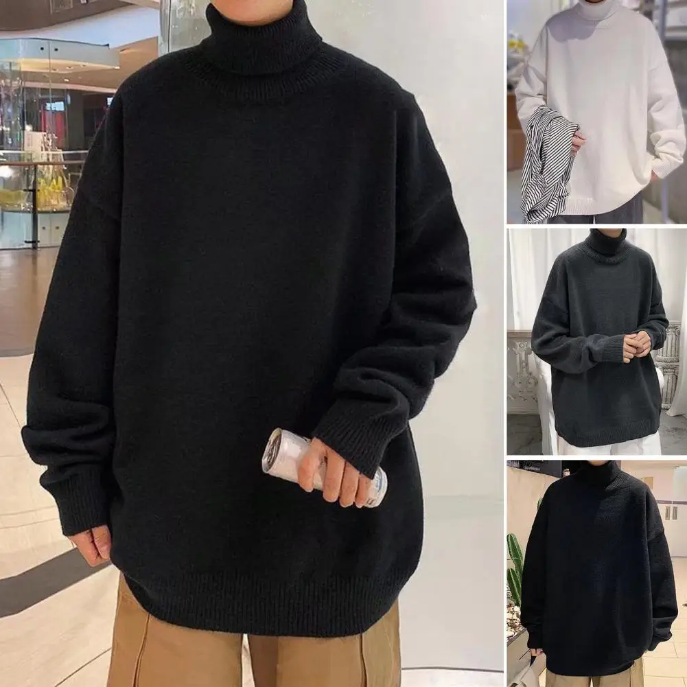 Turtleneck Long Sleeve Ribbed Cuffs Thickened Pullover Sweater Autumn Winter Solid Color Loose Warm Sweater Jumper Streetwear