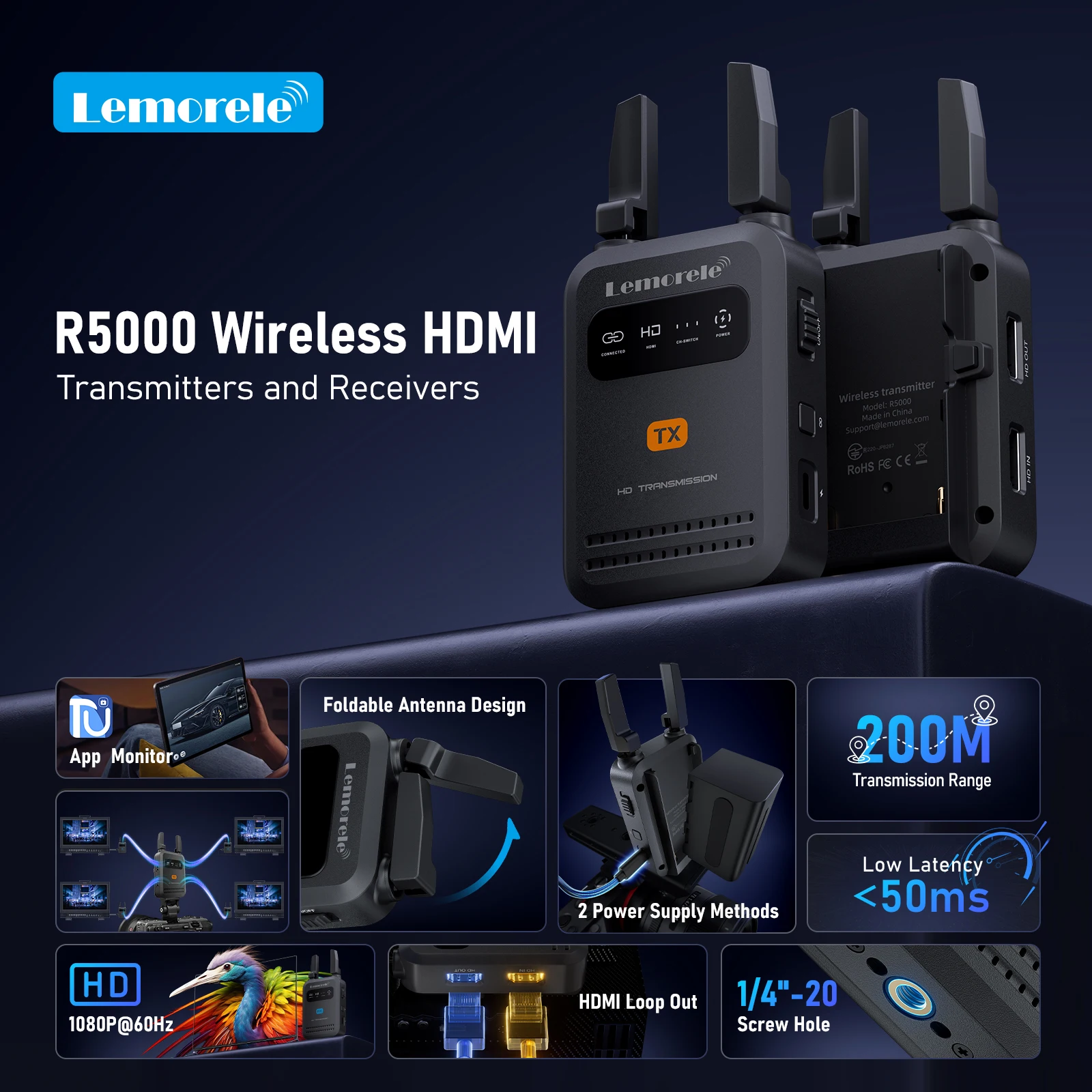 

Lemorele 200m Wireless HDMI Transmitter Receiver 1080P LowLatency Hdmi Extender Video Transceiver For Photography Live Streaming