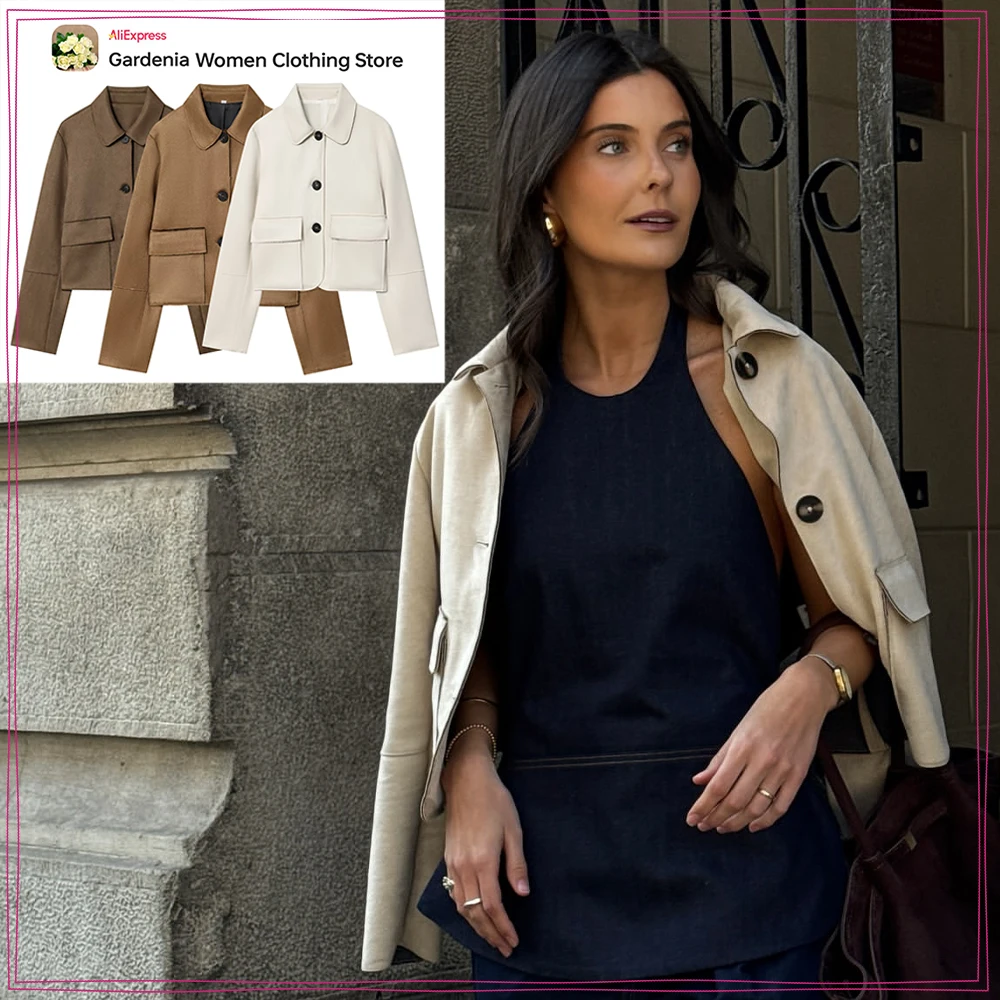 

Stylish Fall Faux Suede Cropped Jackets for Women Casual Lapel Collar and Long Sleeves Outwears New in Jacket with Patch Pockets
