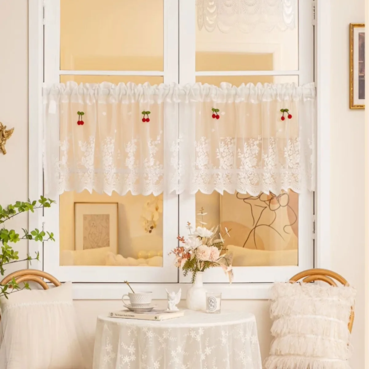 1Pc mesh single-layer plum blossom  kitchen cabinet curtain through rod window mantle household decoration short curtain