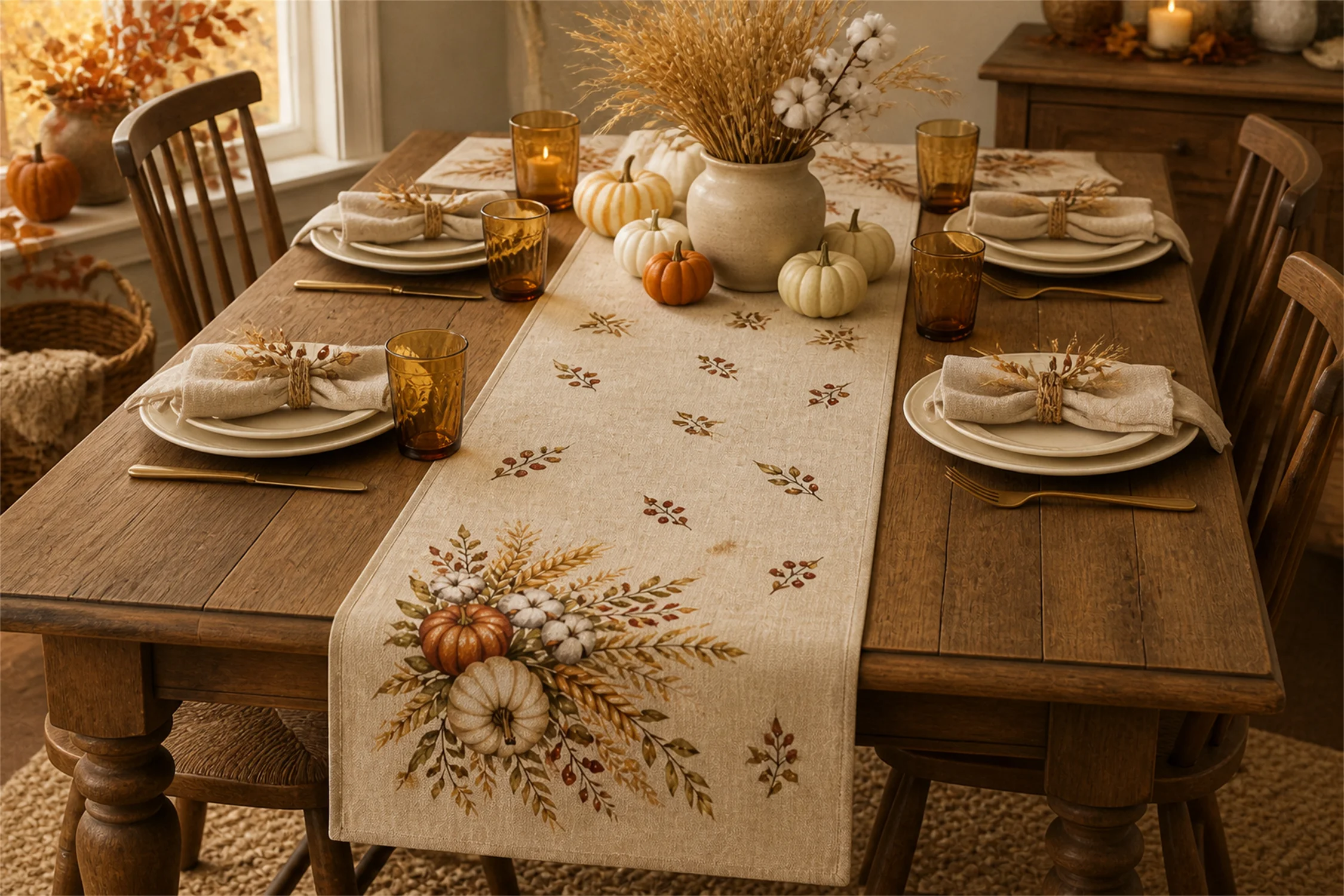 Rustic Pumpkin Cotton Wheat Table Runner Autumn Harvest Floral Print Farmhouse Thanksgiving Fall Dining Table Decor