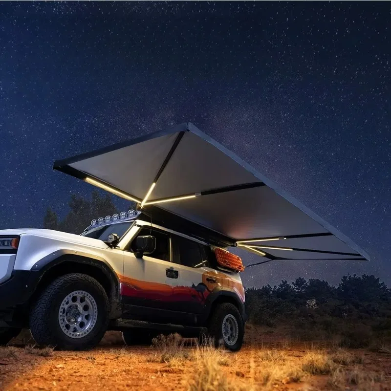 셩마 아웃도어 캠핑 방수 180도 자립형 어닝 자동차 측면 어닝 LED 라이트 바 포함