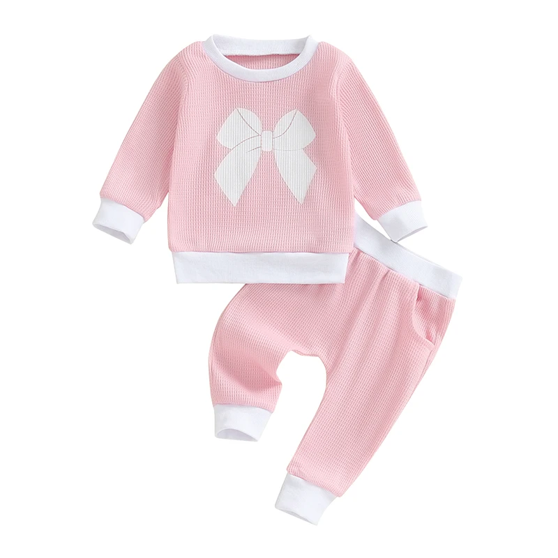 

Toddler Baby Girl Fall Outfits Bowknot Print Long Sleeve Waffle Sweatshirts Pants Winter Clothes