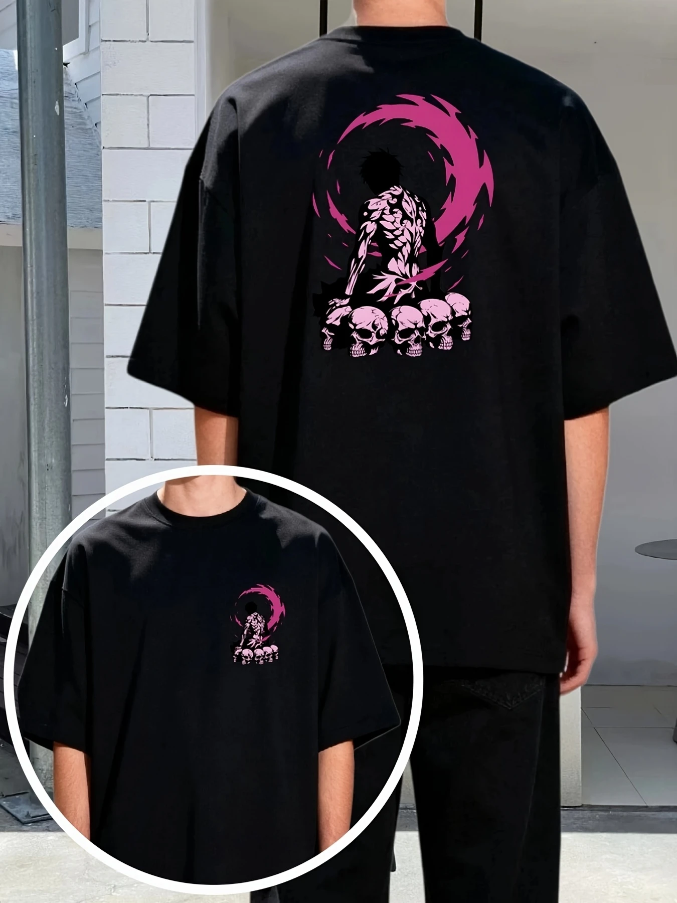 Printed Short-Sleeved Shirt Black T-Shirt Featuring Pink Anime Character Silhouette with Detailed Muscle Back and Skull Pile