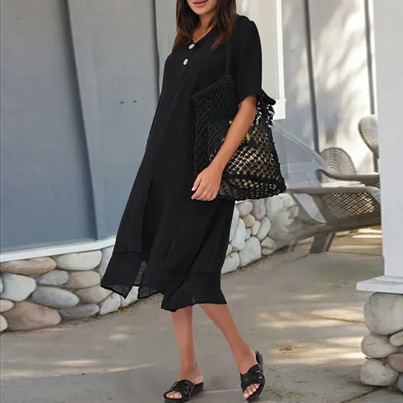 

Femme Casual Solid Color Hem Fake Two Piece Dress Spring V Neck Button Irregular Long Dress Autumn Half Sleeve Women Party Dress