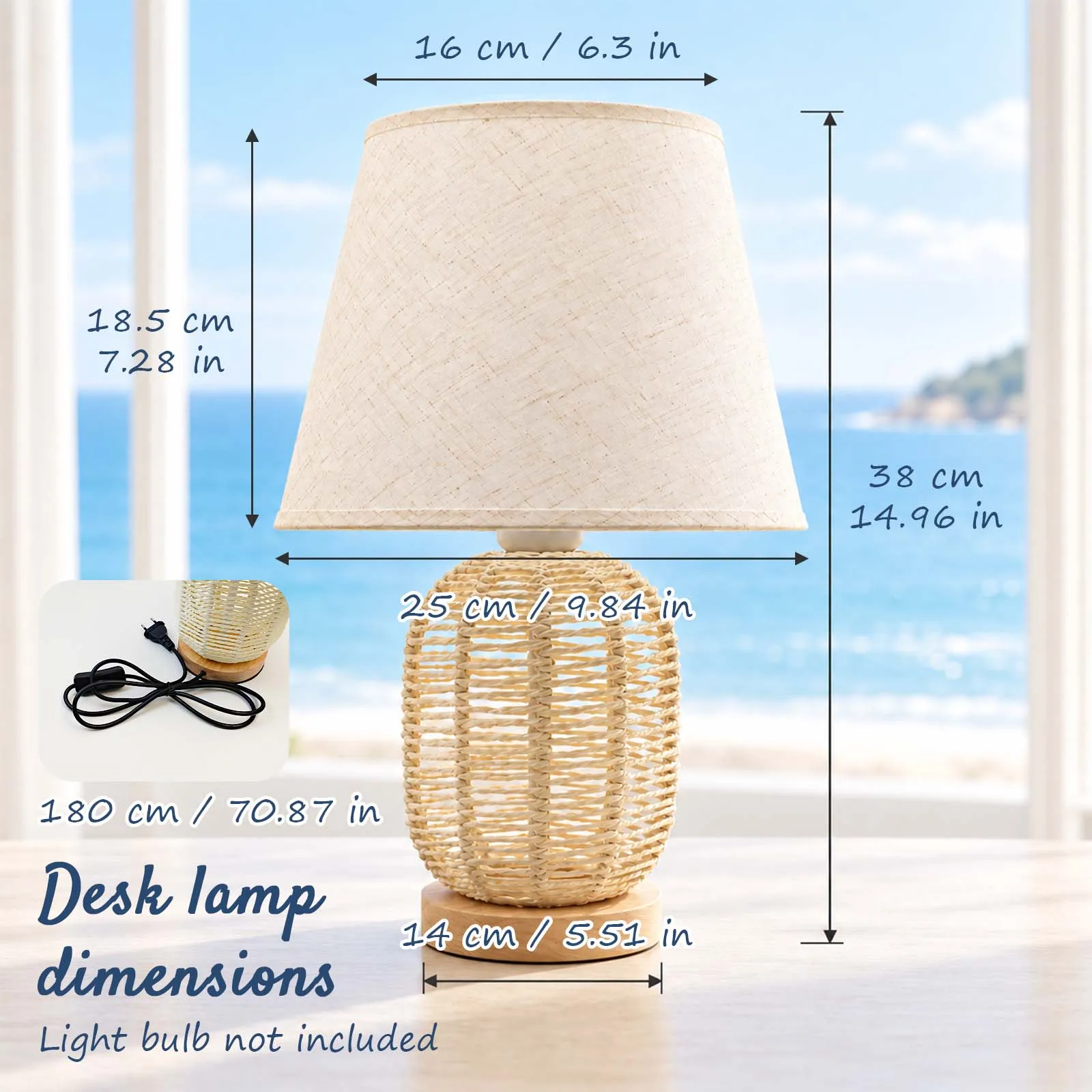 Coastal Cream Beige Linen Fabric Table Lamp with Open Weave Oval Base for Bedroom Living Room