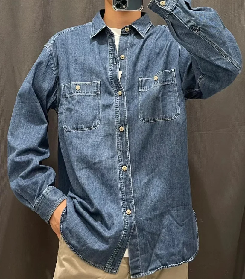 

Retro Japanese Sle Loose Denim Workwear irt Jaet ex Spring Casual Outerwear Long Sve Square Collar Open Cardigan