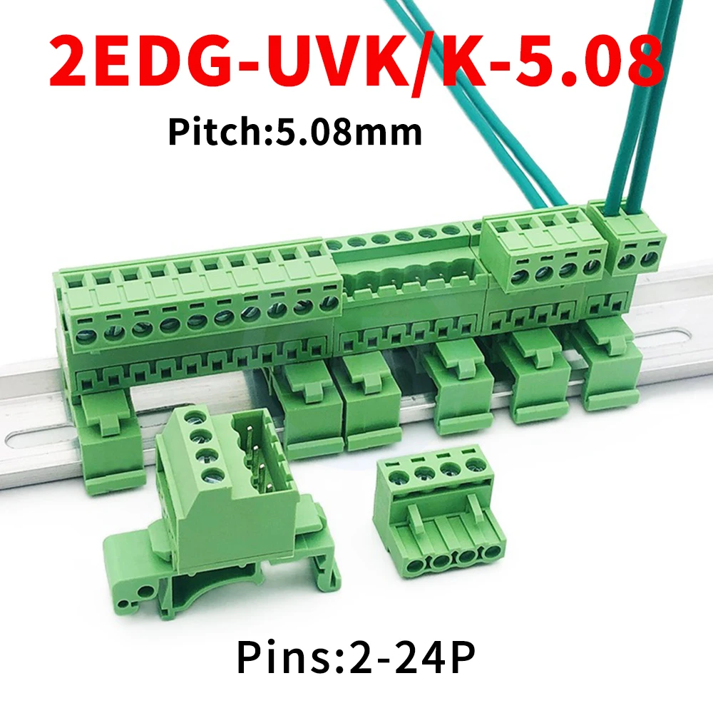 5 Sets 5.08mm 35mm Rail Mounting Solderless Butt Plug-in Terminal Block KF 2EDG-UVK 2EDG+GB+2EDGK 2-24Pin