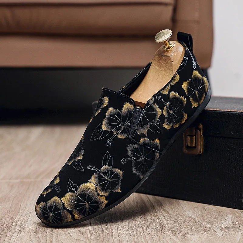 Fashionable individual printing flowers loafers shoes for man dring lazy shoes casual designer
