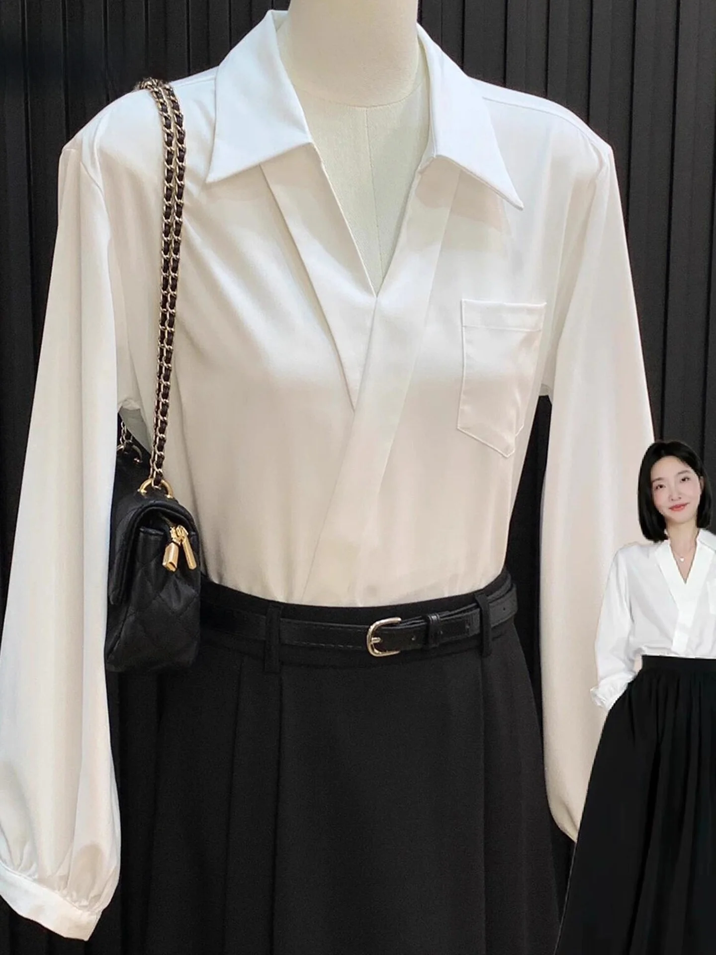 

Ele White V-Ne Long Sve irt Women's Spring Autumn 2026 New High-End Profional Interview Commute Top