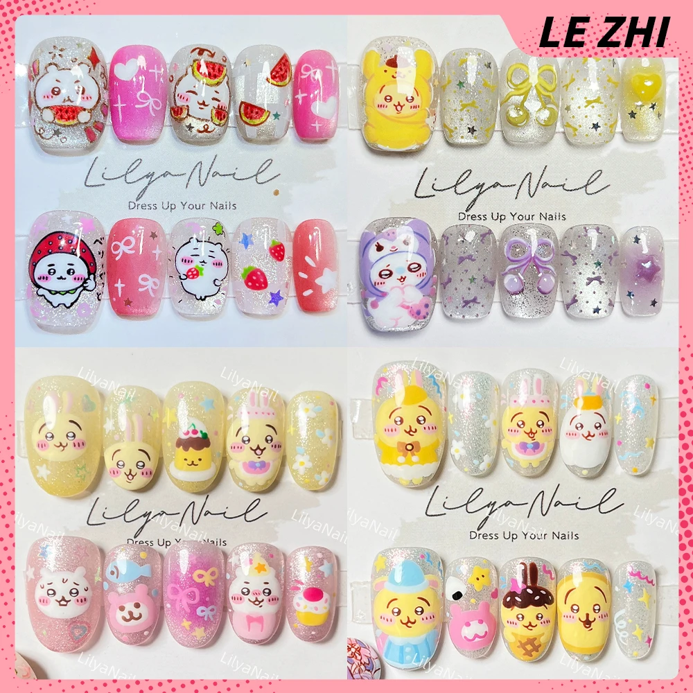 

10Pcs Kawaii Chiikawa Handmade Square Ellipse Nails Party Stickers Cute Cat Eyes Bow Glitter Sequins Diamond Pearl Press On Nail