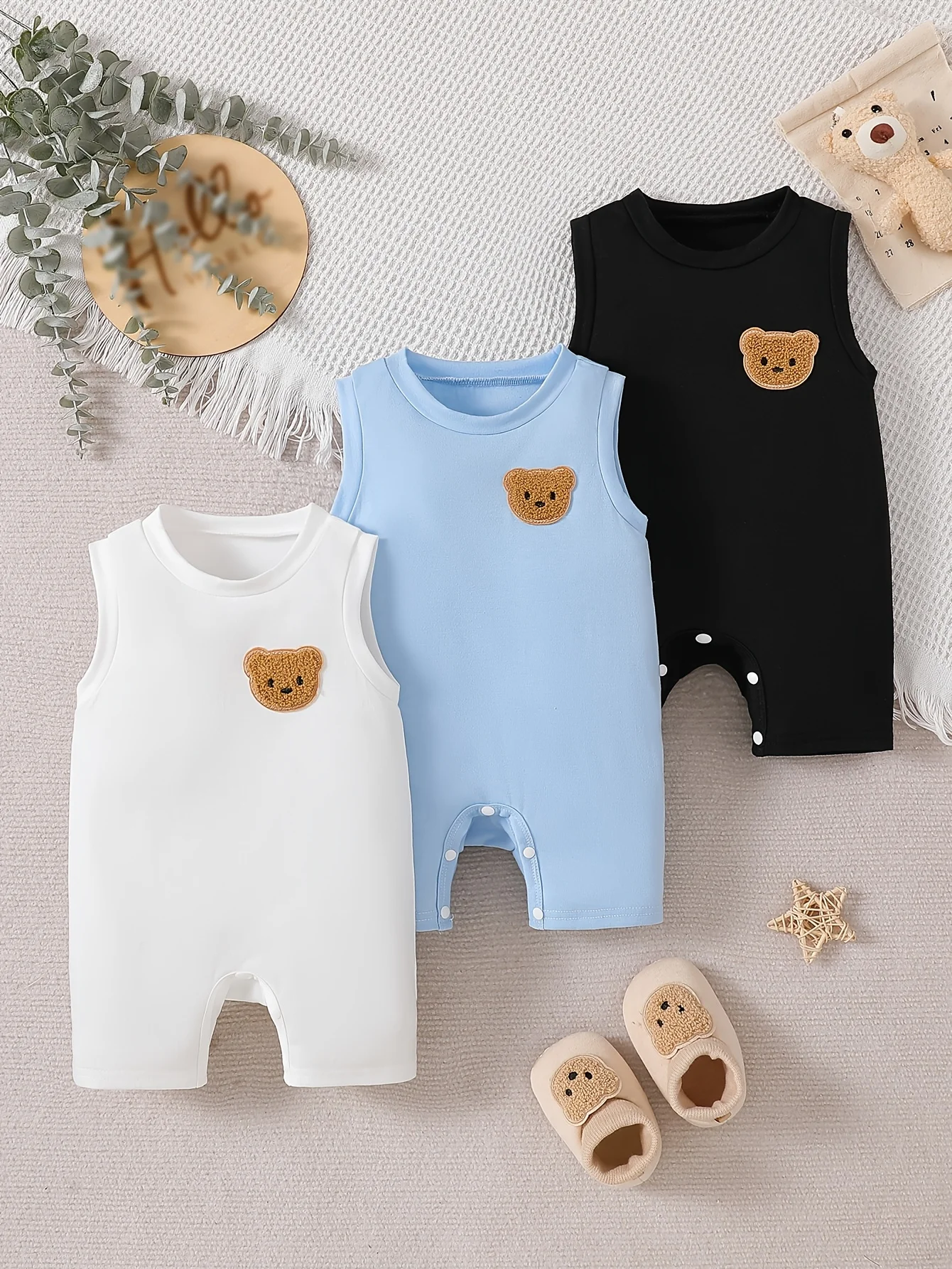 

Baby Boy 3-piece Set: Sleeveless Rompers (Teddy Bear Embroidery) + Matching Shoes | Ideal Valentine & Birthday Gift