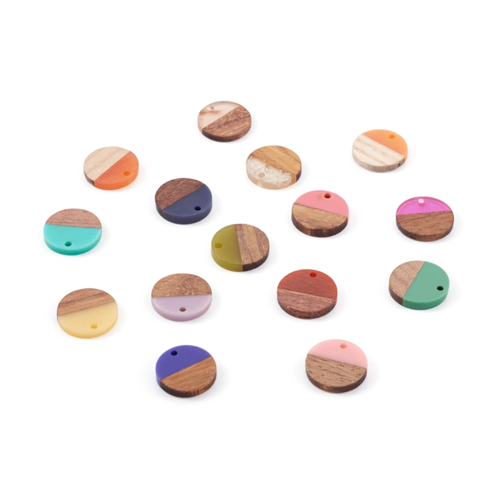 50pcs Flat Round Resin & Walnut Wood Pendants Waxed with Foil Mixed Color Charms Earrings Jewelry DIY Making Components