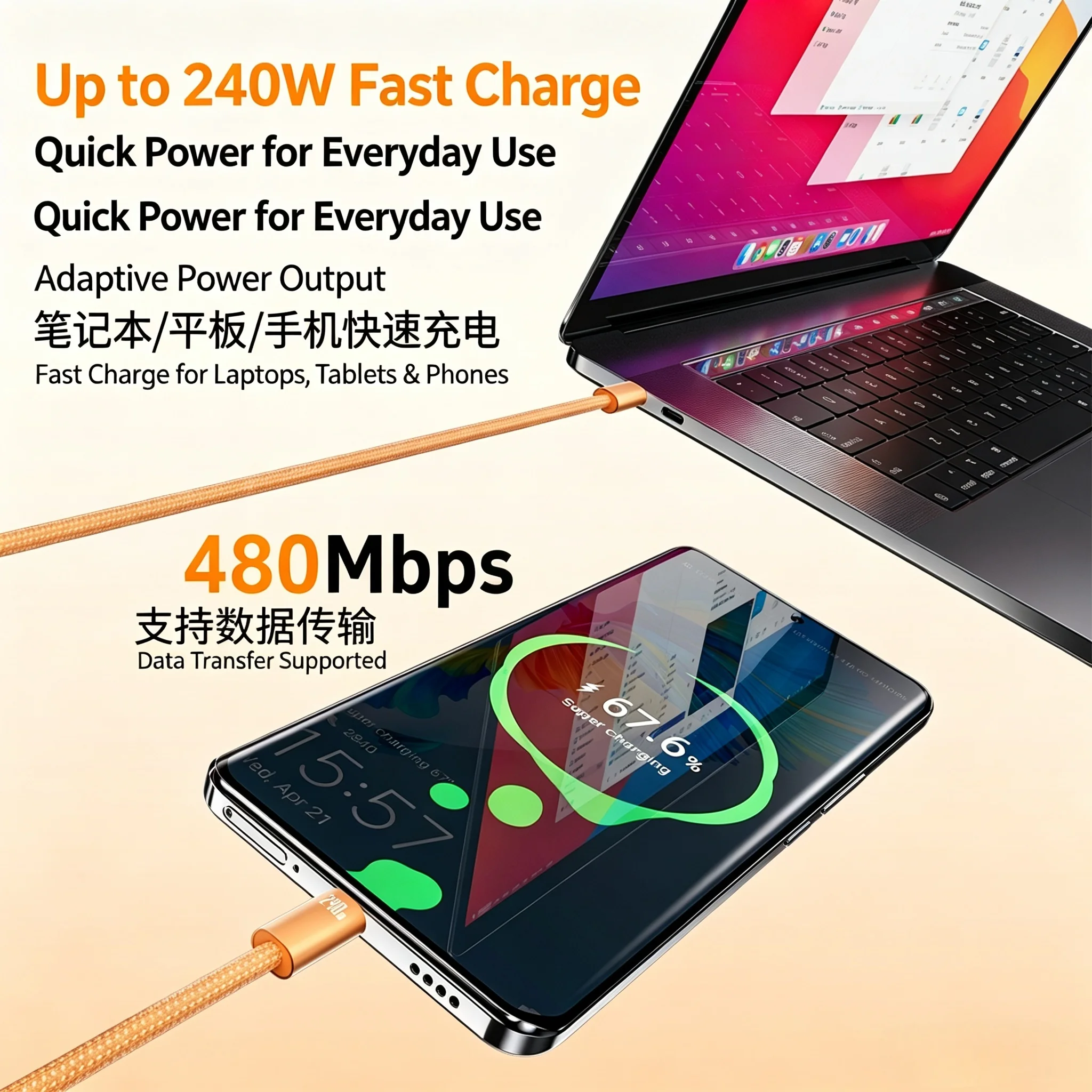 240W PD USB‑C Cable 1.2M Braided Type‑C Fast Charger Cord E‑Marker Chip 480Mbps Data Transfer for Laptop Sumsung iPhone 15 16 17