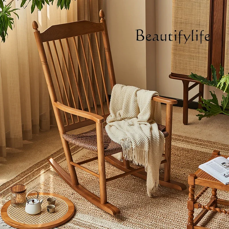 I Solid Wood Rocking Chair Rope Retro With Armrests High Backrest Designer High-end Homestay Living Room Furniture