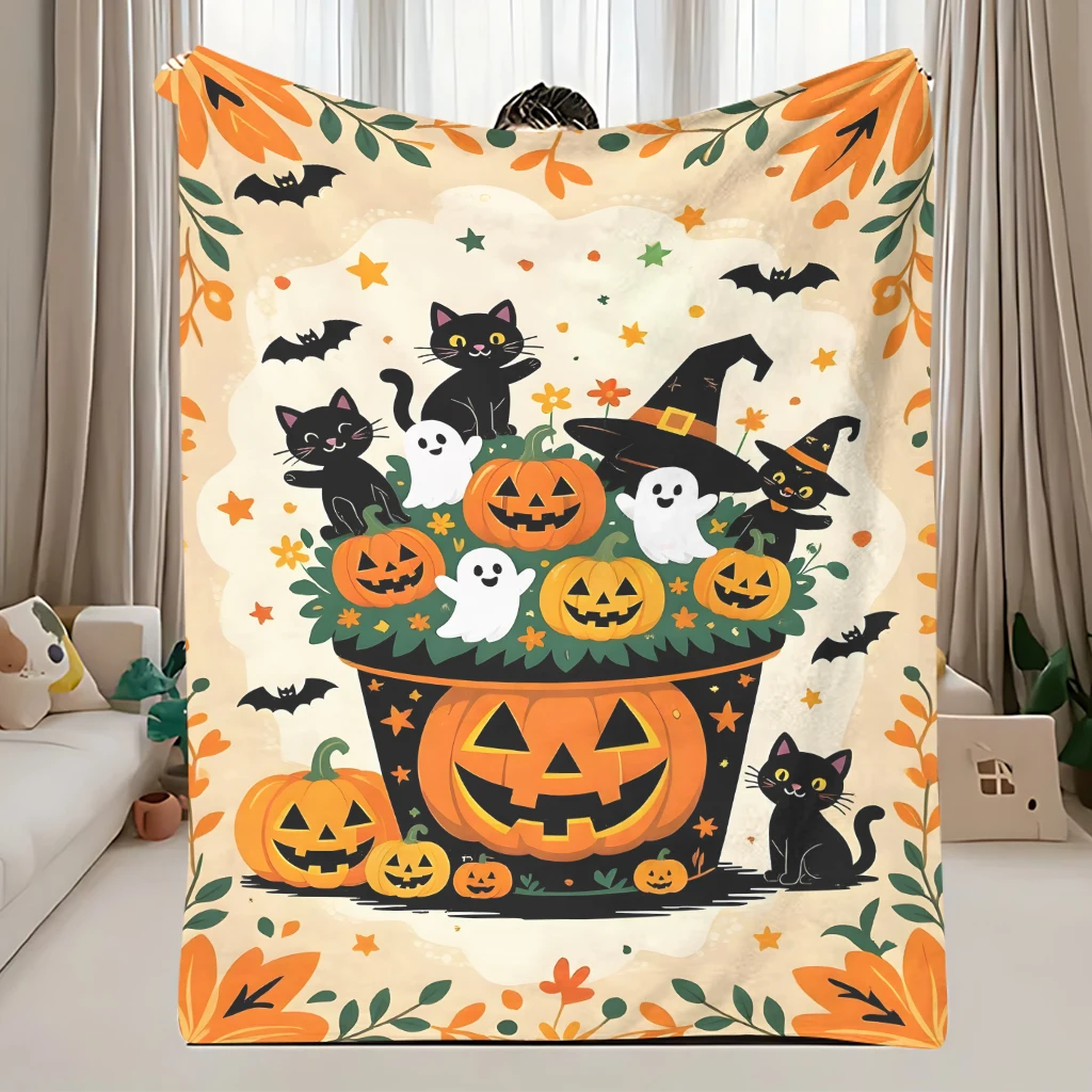Cute Halloween Throw Blanket Pumpkin Pot Black Cat Ghost Bat Floral Leaf Print Soft Flannel Blanket Sofa Bed Holiday Home Party