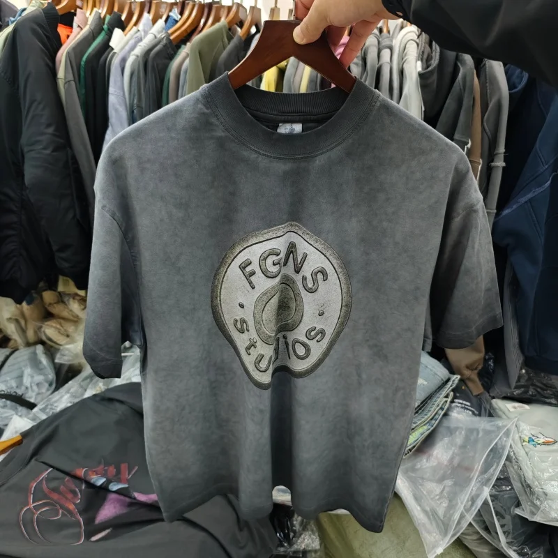 Men's Oversized Washed T-Shirt Embroidered Logo Casual Streetwear Grey Cotton Top