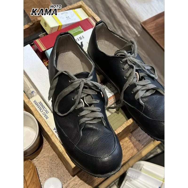 Retro Handmade Motorcycle Boots Casual Big Head Flats for Men and Women British Style Couple Loafers Leather Shoes Botas Moto
