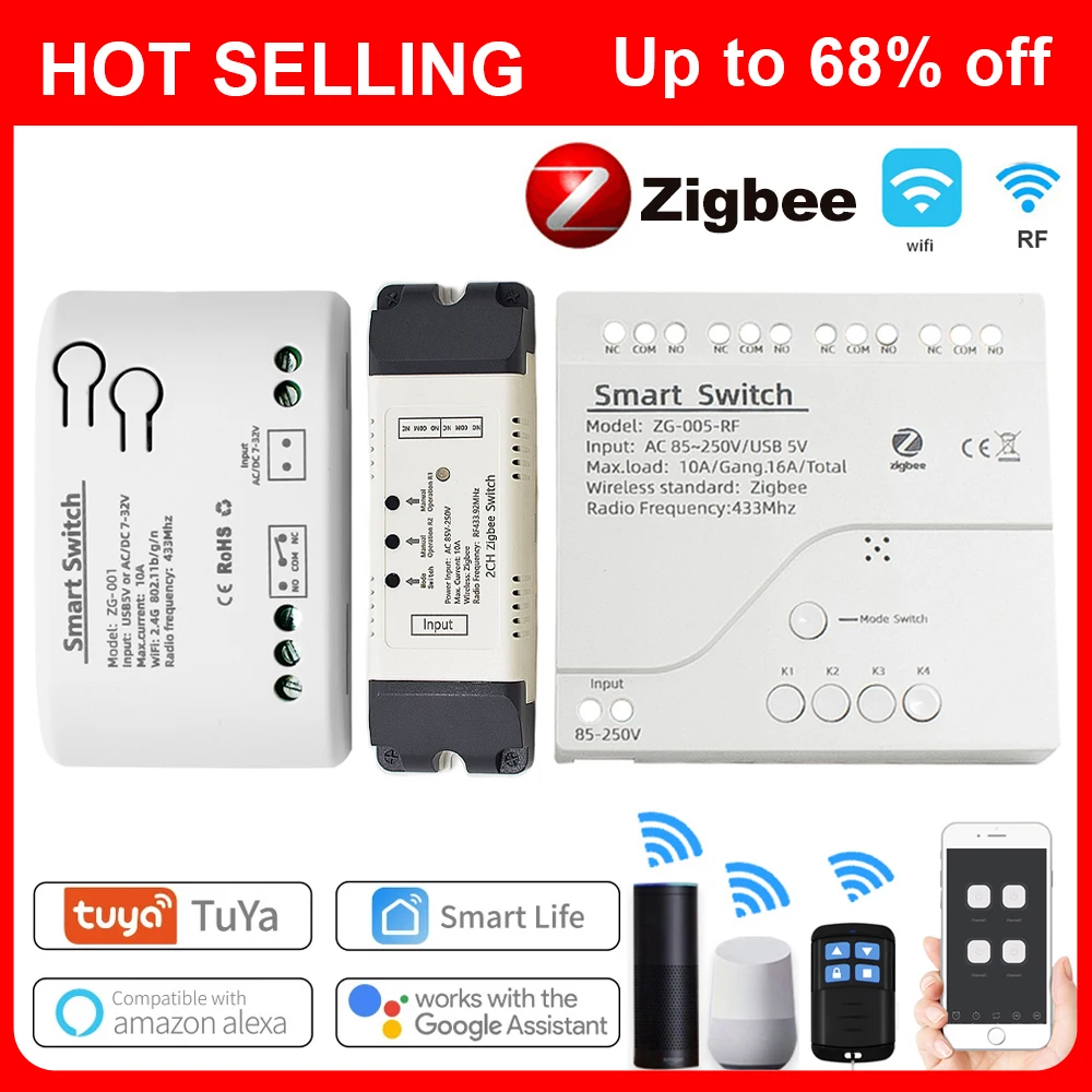 4CH Zigbee Smart Switch 12V 24V 220V AC DC APP Remote Control RF433 Light Switch 10A Rele Relay Self-locking Interlock Jog