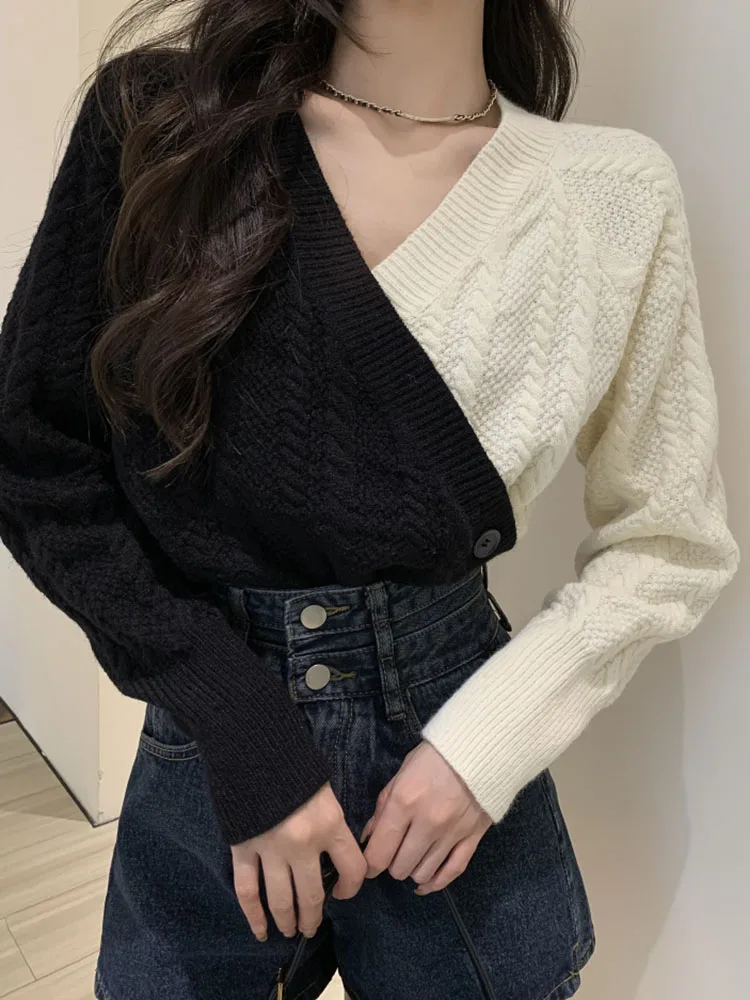 Zoki Korean V Neck Cross Sweaters Women Design Long Sleeve Patchwork Knitted Pullovers Loose Lazy Wind Female Buttons Jumpers