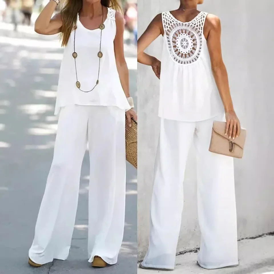 عارضة الصيف بلون السراويل مجموعات النساء الجوف خارج زهرة عارية الذراعين أكمام تي شيرت واسعة الساقين السراويل قطعتين مجموعة #5