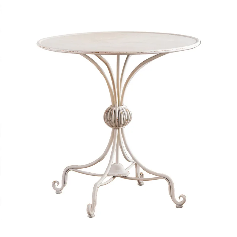 Elegant 81cm Height French Pastry Style Country Scroll Round Table Iron White Patio Balcony Terrace Outdoor Furniture