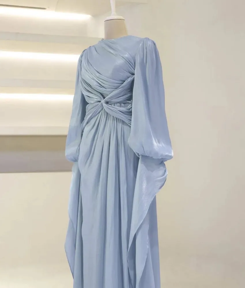 Customized Formal Chiffon A-Line Evening Dress High Quality Long Sleeves O-neck Floor Length فستان سهرة نسائي