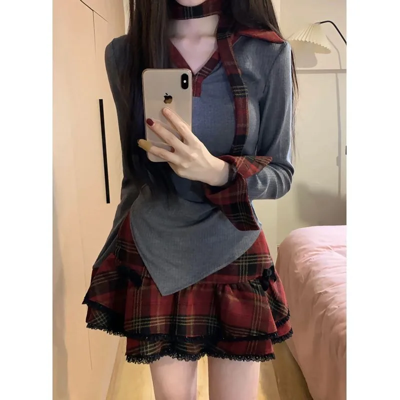 

Skirt Sets Women 2 Piece Outfit 2000s Clothes Y2k Preppy Style Girl Clothes Long Sleeve Tops Plaid Short Skirt Suit Korean Style