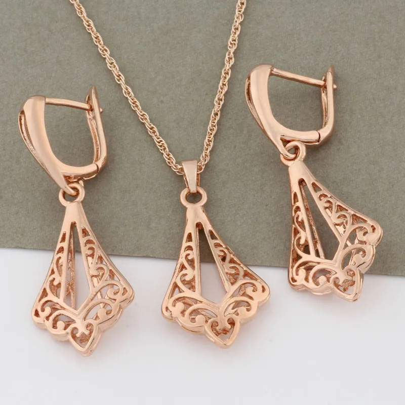 Vintage 585 Rose Gold Color Jewelry Sets For Women Earrings And Pendant Sets Hollow Elegant Ethnic Wedding Jewelry Sets