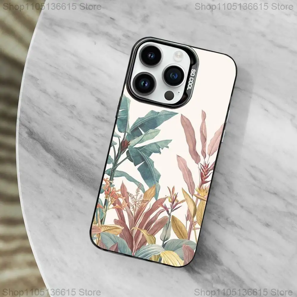 Pintura arte botânica caso de telefone para iphone 11,12,13,16,14,15, mini, pro,xs, max preto fosco capa à prova de choque