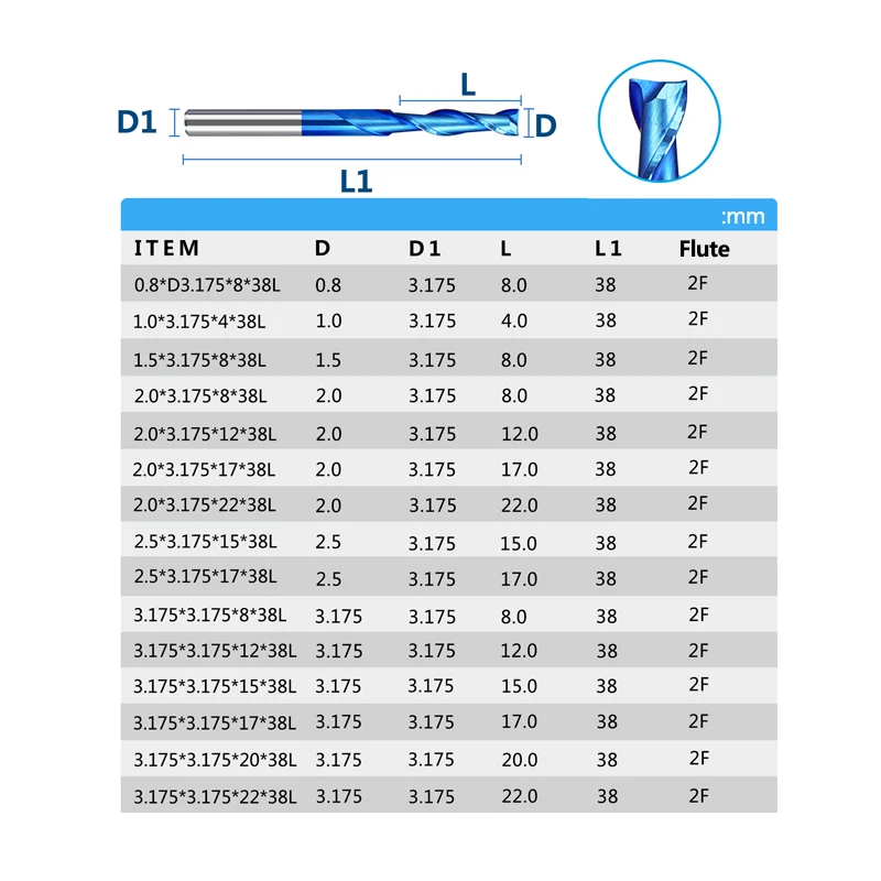 XCAN CNC Fräsen Cutter 10 stücke 3,175mm Schaft Blau Beschichtete Spirale Flache Schaftfräser Zwei Flöte CNC Cutter 1-3,175mm CNC Router Bits