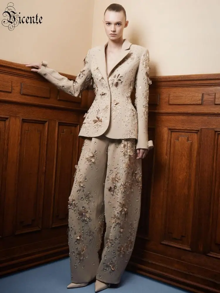 VC Luxury Beige 3D Floral Sequin Pantsuit Women's Tailored Blazer & Wide Leg Trousers Formal Evening Suit Plus Size Available
