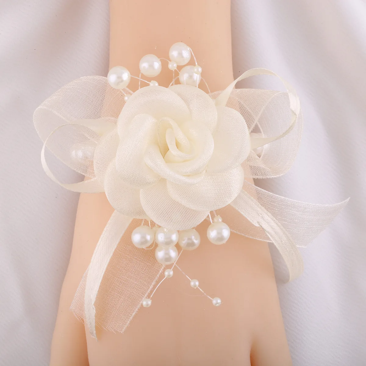 Corsage de Poignet en Perles Crème, Fleurs Artificielles, Accessoires de Mariage pour Demoiselle d'Honneur