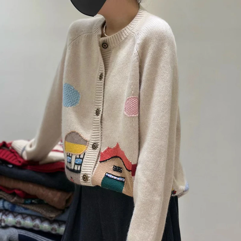 

Кардиган из чистого кашемира, натуральный высококачественный утолщенный свободный вязаный свитер с вышивкой в стиле кантри на женской счетчике брендов.