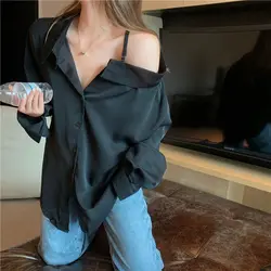 Autumn Fashionable Buttons Solid Color Long Sleeve Blouse Women Clothing Fashion Irregular Strapless Loose Women's Shirt Top Tee