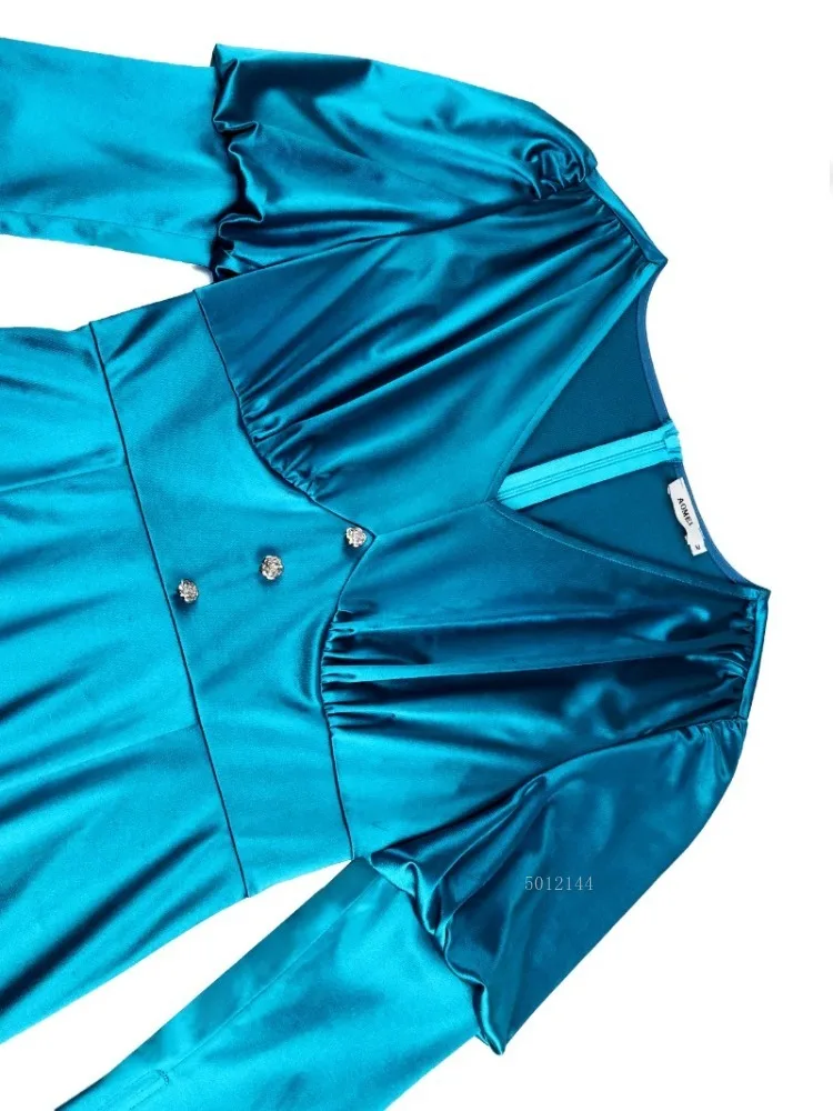 Fashion Satin Bodycon Dress Women V Neck Long Puff Sleeve Button High Waist Elegant Autumn Banquet Dinner Cocktail Party Dresses