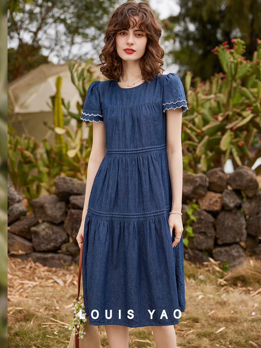 LOUIS YAO Women Denim Dress 2024 Summer 100% Cotton Embroidery Round Neck Short Sleeve Loose A-line Casual Mid Length Dress