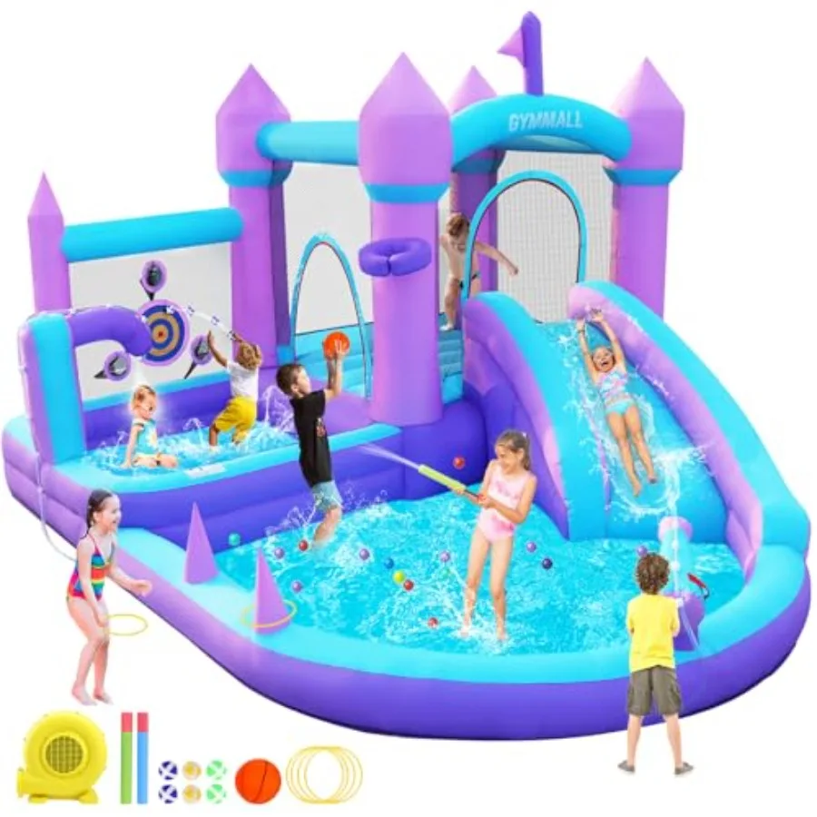 

Фиолетовый надувной батут с горкой для детей 3-8 лет, 12.5x6 футов, водный батутный комплекс с воздуходувкой 480 Вт, бассейн с шариками для прыжков