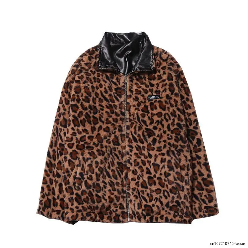 Reversible Stand Collar Leopard Print Plush Jacket Winter Fashion Ins Fleece Loose Leather Jacket Couple Harajuku Padded Jacket