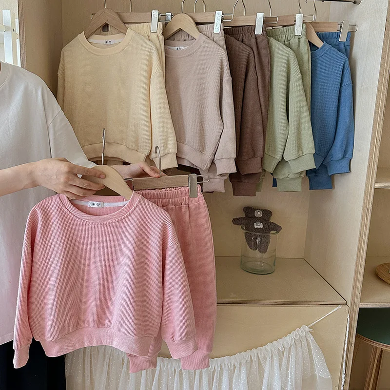

2025 Korean Autumn Children Girls Two-piece Clothing Cotton Solid Waffle Sweatshirt Outfits Loose Casual Jogger Pants Tracksuits