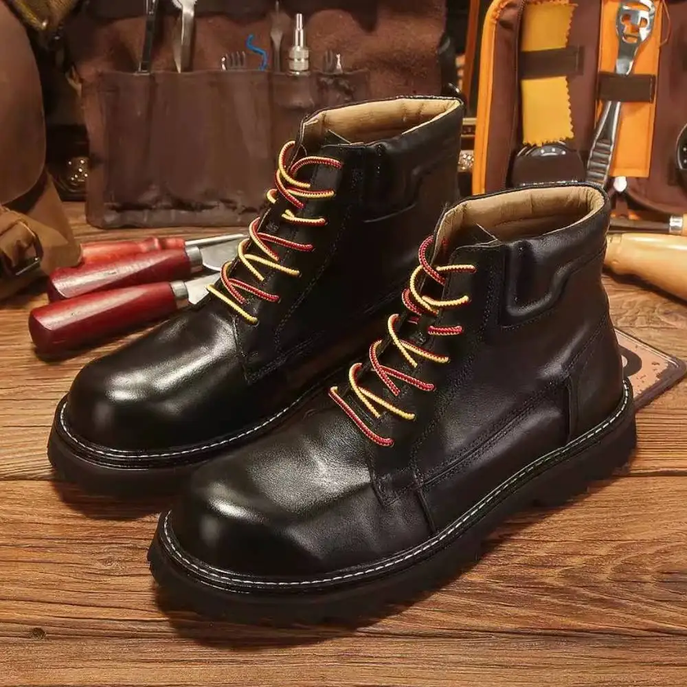 Size 38-44 Super Quality Genuine Leather Boots For Men Motorcycle Rugged Heritage Hight-Cut Shoes Male Outdoor Work Hoes