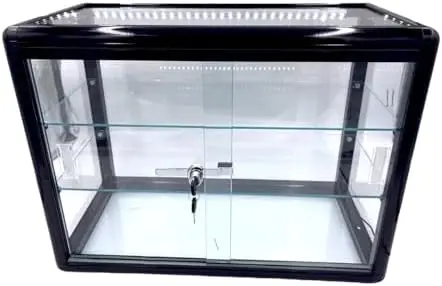 Elegant Black Aluminum Display Table Top Tempered Glass Show Case. Sliding Glass Doors with Lock