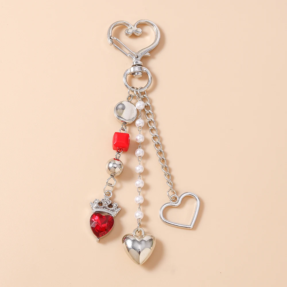Aihua Y2K Liebesherz-Schlüsselanhänger für Frauen und Mädchen, Perlen-Kristall-Kronen-Herz-Schlüsselring, Handtaschenanhänger, DIY Handgemachter Schlüsselanhänger, Geschenke – Detail 9